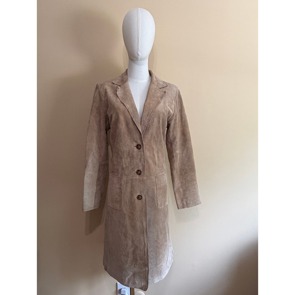 Margaret Godfrey Tan Vintage Y2K Suede Leather Trench Coat Women 8 Good
